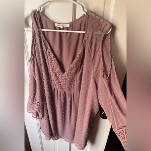 Mauve-ish Swiss Dot blouse with cold shoulder sleeves